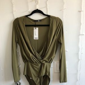 Sophia LS Wrap Front Bodysuit in Khaki